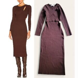 ASTR the Label Dark Brown Stretch Ribbed Knit Cutout Bodycon Midi Dress Medium